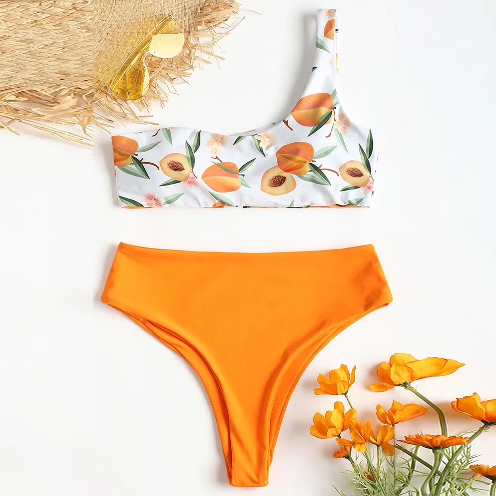Летний женский комплект бикини из двух частей топ со средней талией пляжный