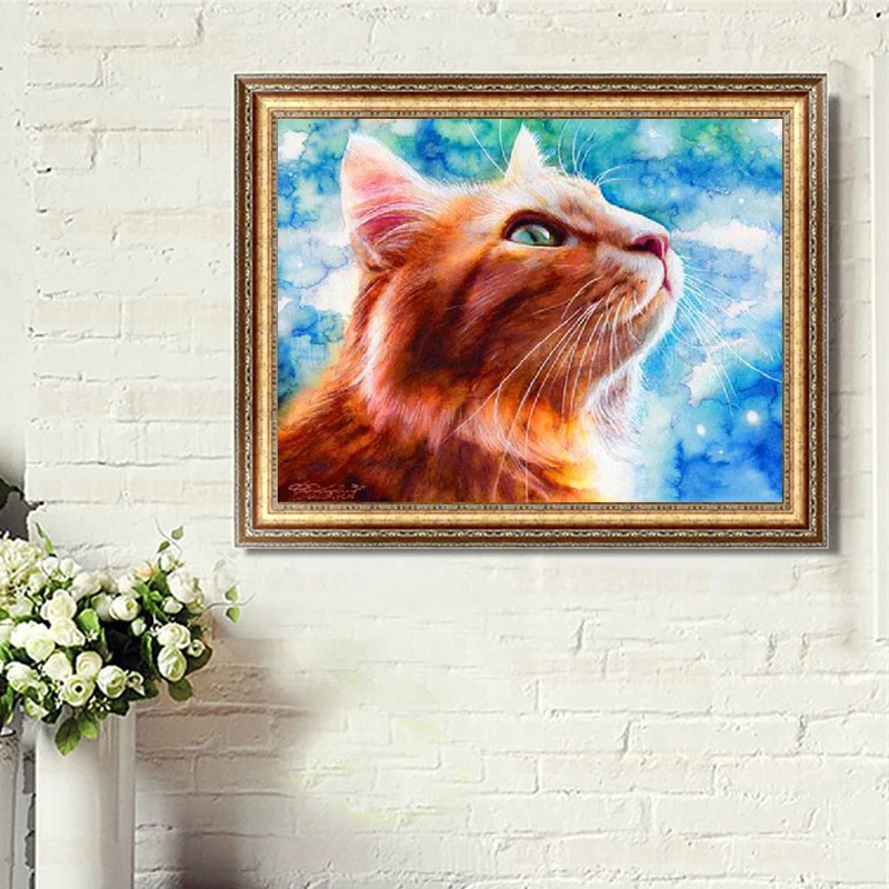 Горячая 5D DIY НОВАЯ Диамантовая вышивка Картина Оранжевые коты смотрят вверх на небо Декор для дома Крестик Стена Декорация.