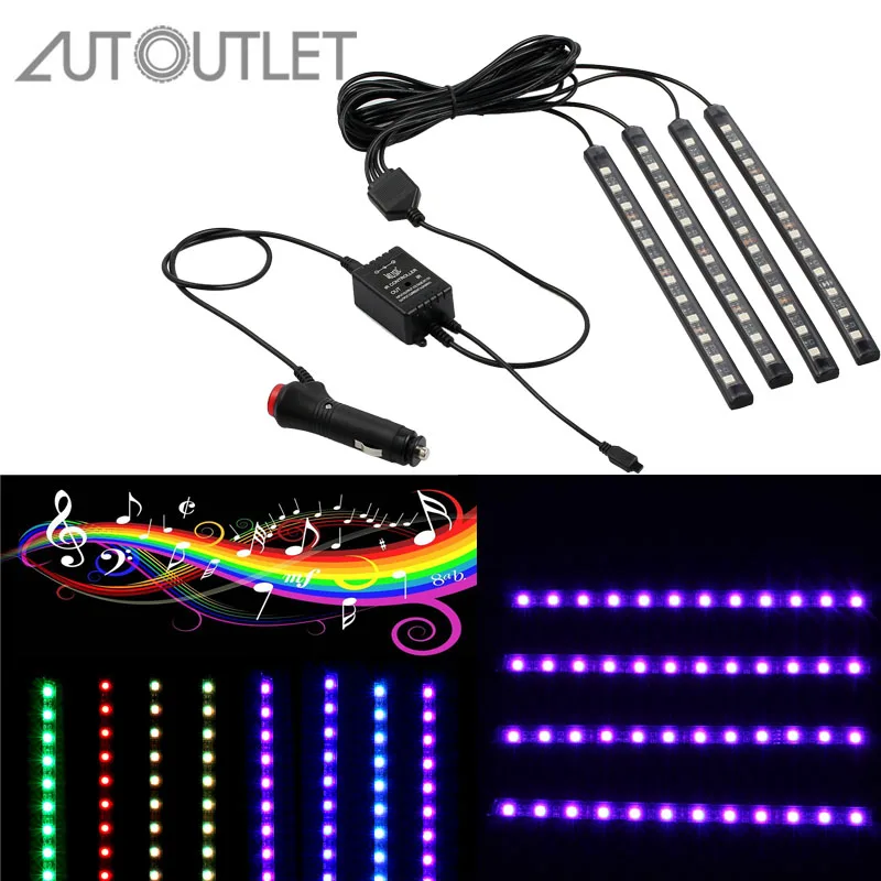 

AUTOUTLET 4pcs 12V Light Car interior RGB LED Strip tape DRL Music/IR Control Auto Decorative Flexible Kit Fog Lamp neon