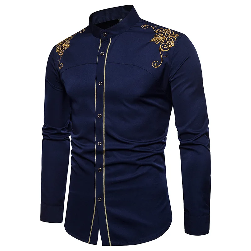 Chemise Homme Весенняя королевская Стильная однотонная рубашка с цветочной вышивкой приталенная Повседневная рубашка с длинным рукавом XXL - Цвет: Navy