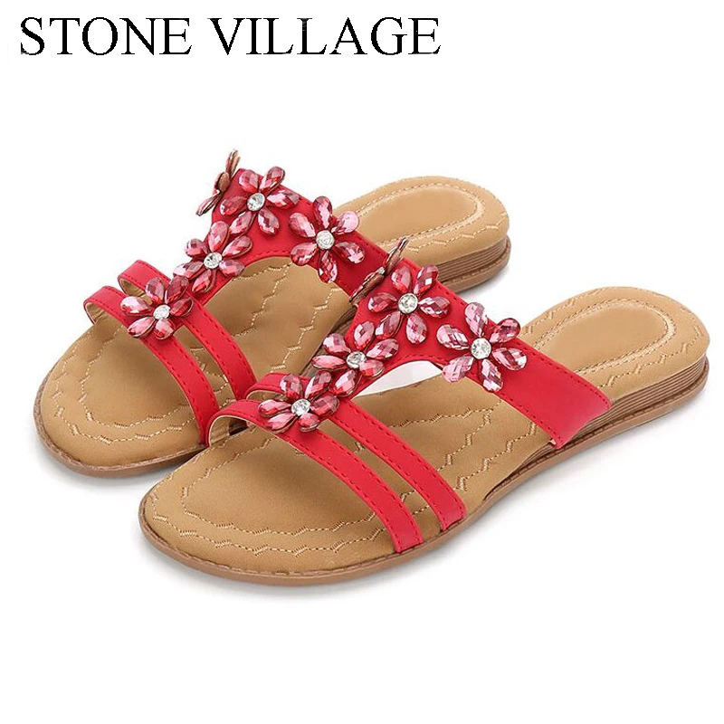 Новинка 2108 года летние женские сандалии со стразами пляжные шлепанцы в богемном