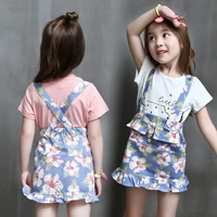 new girls clothes two piece set t shirt flower suspender skirt cowboy denim skirts sets for girls 2 7 years baby clothing