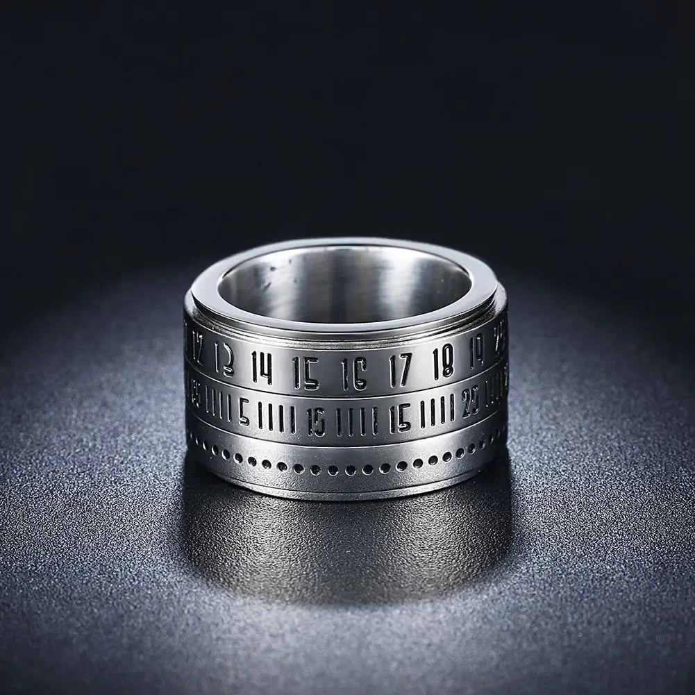 Unique Design Clock Time Shape Men Rings Silver Color Titanium Steel Rotating Ring Arabic Numerals Calendar Anel Masculino | Украшения и