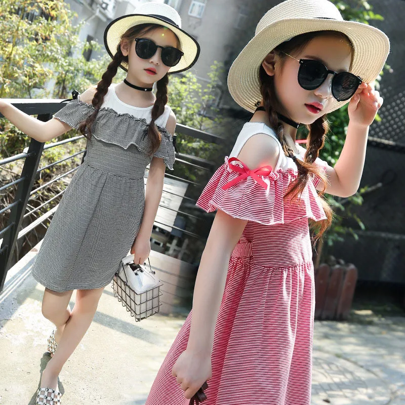 striped patchwork little baby girl dress summer 2018 ruffles off shoulder cotton children dresses princess clothing |