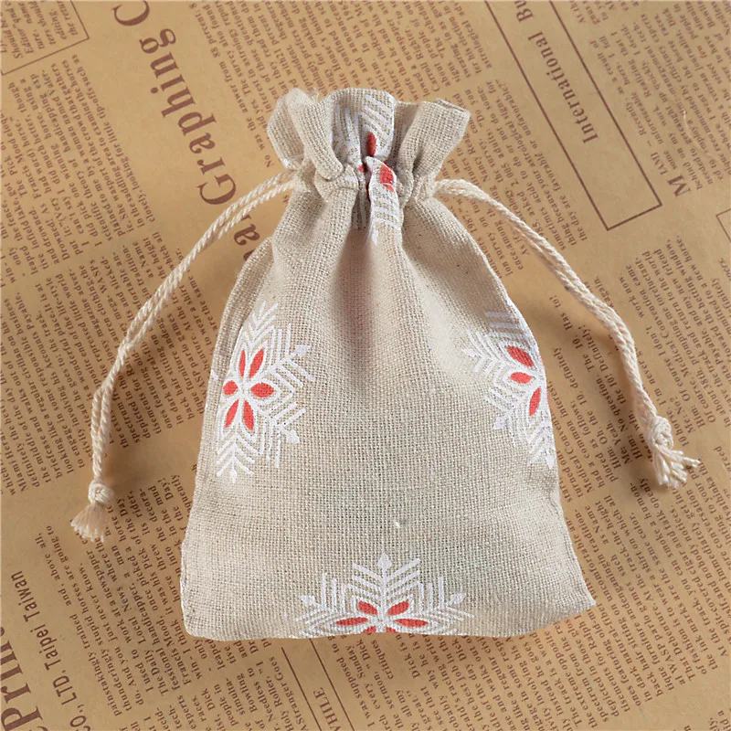 

Vintage snowflake Printed Linen Gift Bags Christmas Drawstring Sack Jewelry Packaging Pouch
