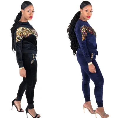 Women Tracksuit two Pieces Set Winter Embroidery Velvet Sequin Casual long sleeve Tops + Long Pants Suit 2 Piece Outfits |