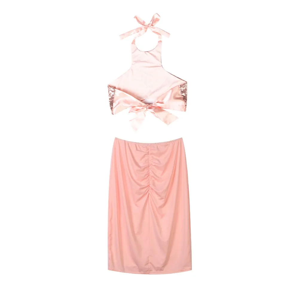 

Summer Womens Bodycon Slim Bandage Two Piece Set Sequins Halter Crop Tops High Waist Skirt Dress Sexy Party Dress Clubwear