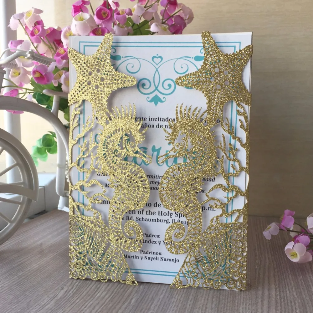 

30pcs New Glitter Gold Silver Paper Beach wedding decoration Wedding Invitation Card Beach Party Invitation card seahorse Shell