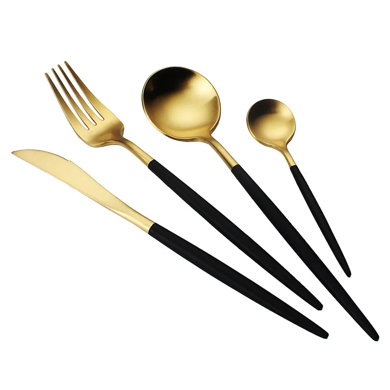 Gold Dinnerware Set Stainless Steel Cutlery 4 Pieces Black Knife Fork Tableware Silver Cutleries Western Food |