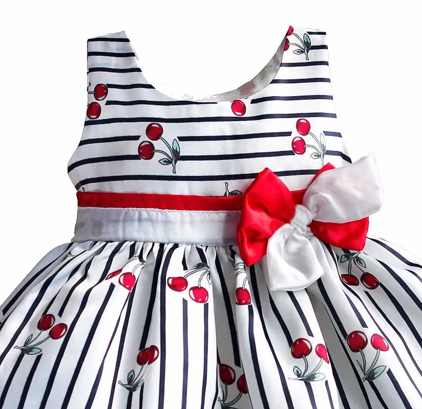 Вечерние платья с принтом вишни для девочек Модное детское платье в полоску |