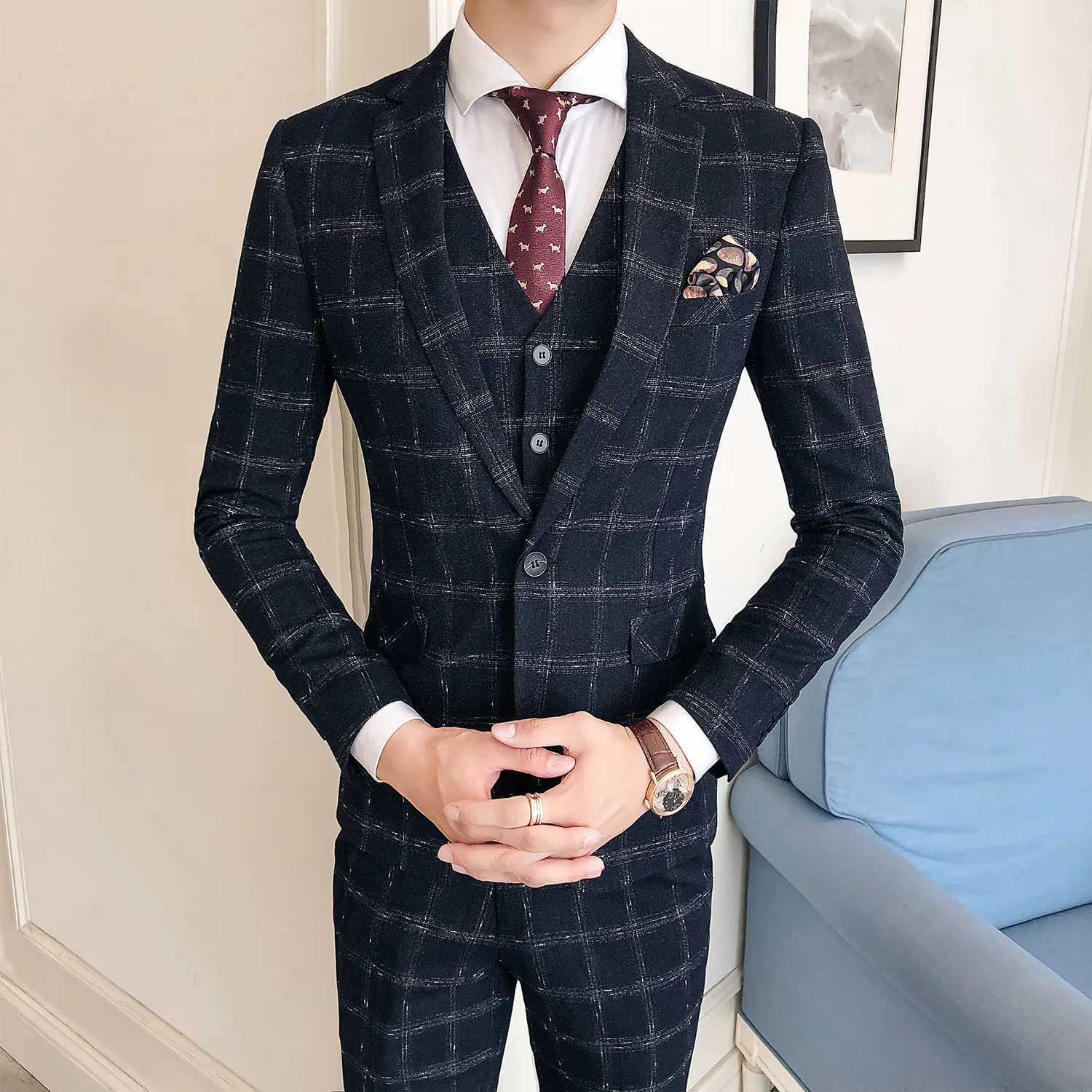 

Men Fashion Plaid Slim Single-breasted Suit Groom Wedding Dress 3-piece Dress Costume Pour Homme