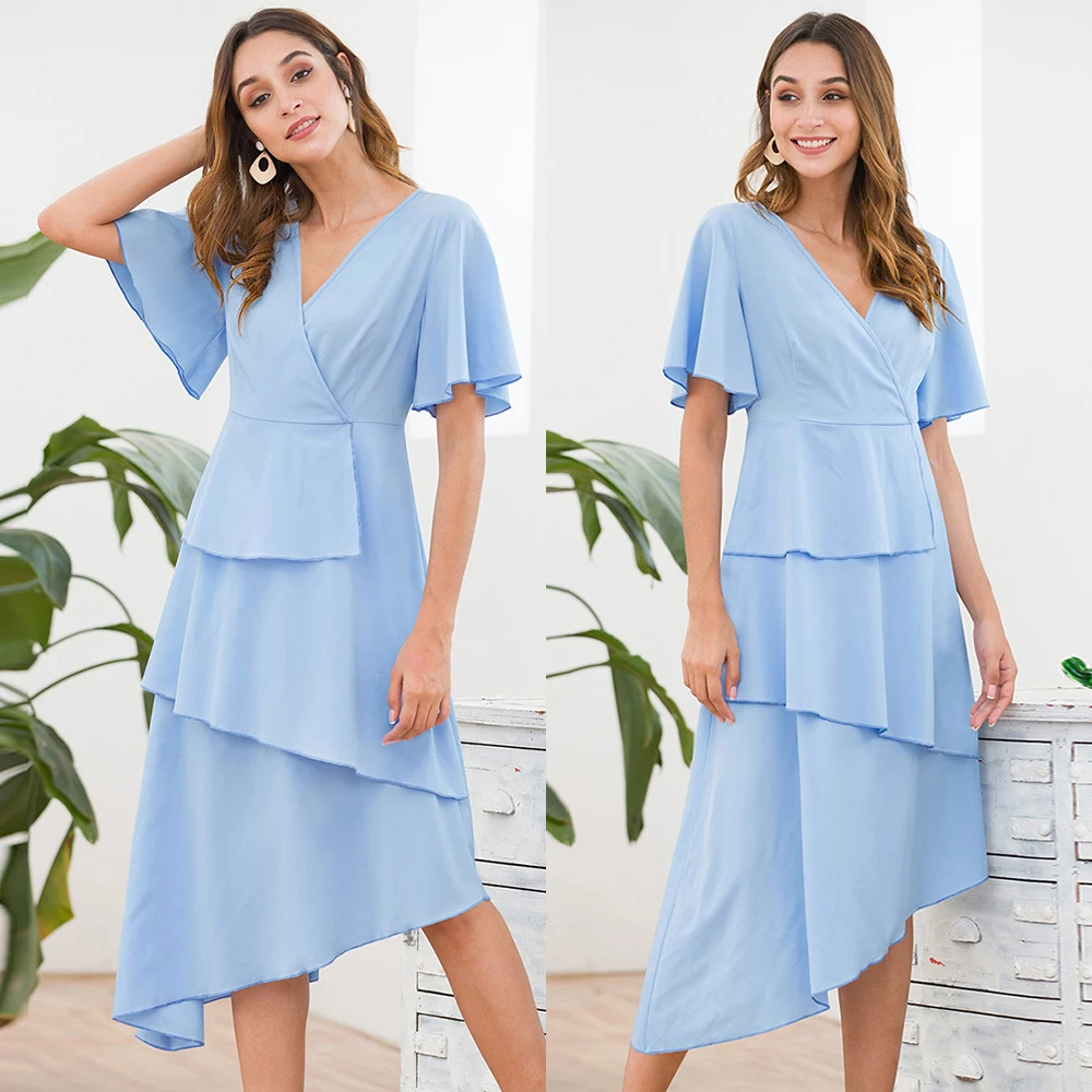 Женское летнее платье с v образным вырезом и рукавами колокольчиками