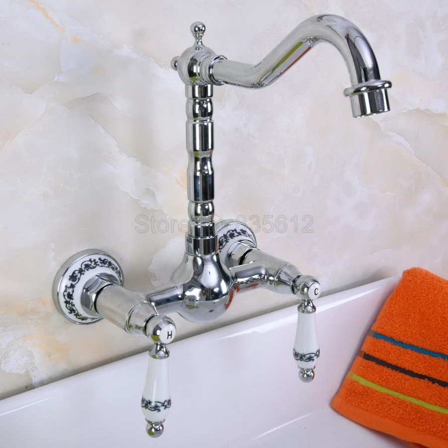 

Polished Chrome Swivel Spout Bathroom Basin Faucet / Wall Mounted Dual Handles Vessel Sink Mixer Taps tnf964