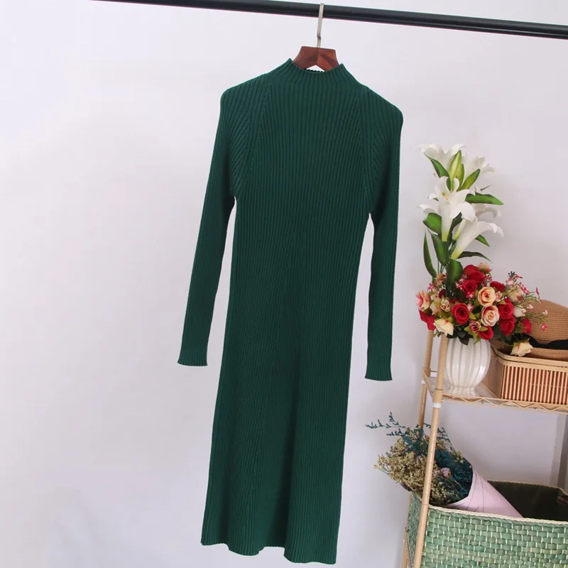 ONLYSVTER Women Autumn Winter Sweater Knitted Dress Thick Warm Knee-length Dress Rib Slim Female Dress