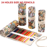 24 holes pencil case fabric school supplies art pencil pouch canvas pen wrap roll makeup brush pen storage stationery student