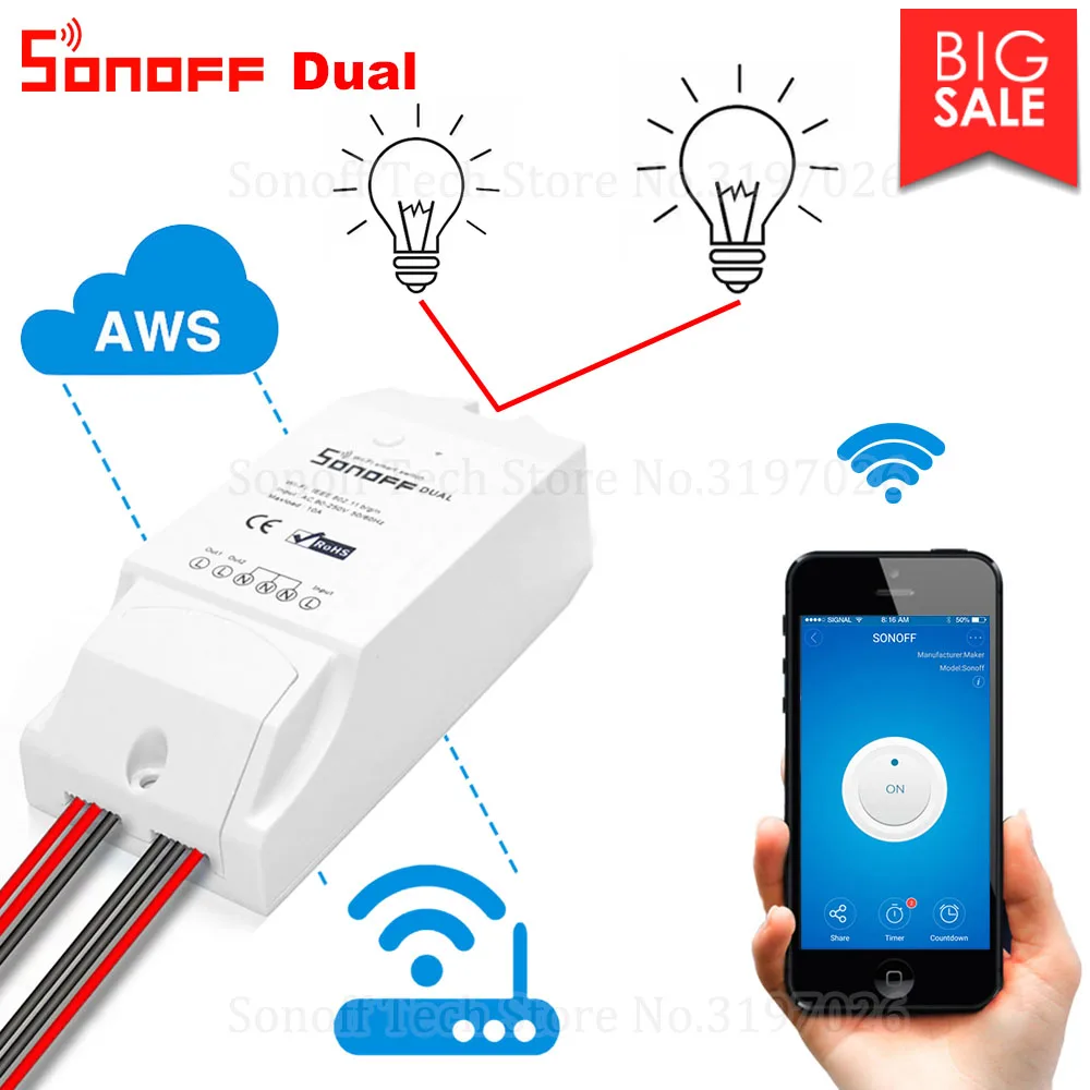 Itead Sonoff двойной контроль 2 банда Wifi светильник переключатель, Sonoff Wifi умный переключатель, умный дом Wifi Пульт дистанционного управления Лер работает с Alexa