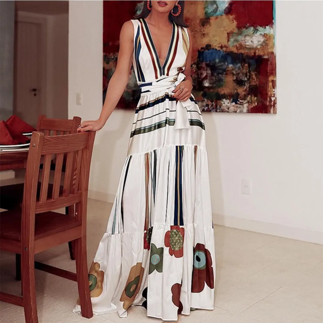 Женское платье в полоску Sitruuna длинное пляжное стиле бохо с оборками и цветочным