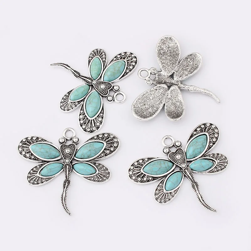 Подвеска стрекоза в стиле Бохо под старину Серебро 2 шт. голубой камень кабошон
