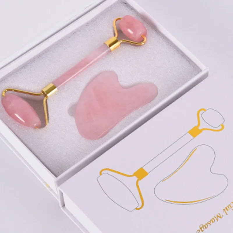Pink Set B With Box Натуральный косметический массаж лица инструмент нефритовый ролик Gua Sha камень нефритовый массажер инструменты для лифтинга лица массаж кожи Guasha Инструмент с коробкой - Цвет: Pink Set B With Box