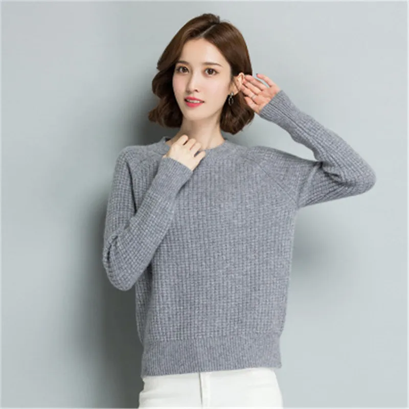 

new arrival 100%goat cashmere solid knit women Oneck thick loose pullover sweater grey 4color M-L