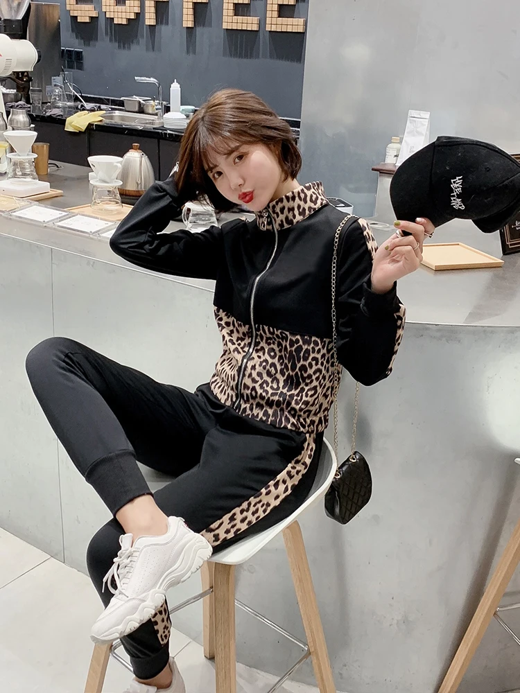 Leopard Patchwork Knitting 2 Piece Set Women's Long Sleeve Zipper Jacket Coat+Pocket Pencil Pant Sweater Tracksuit Trousers | Женская