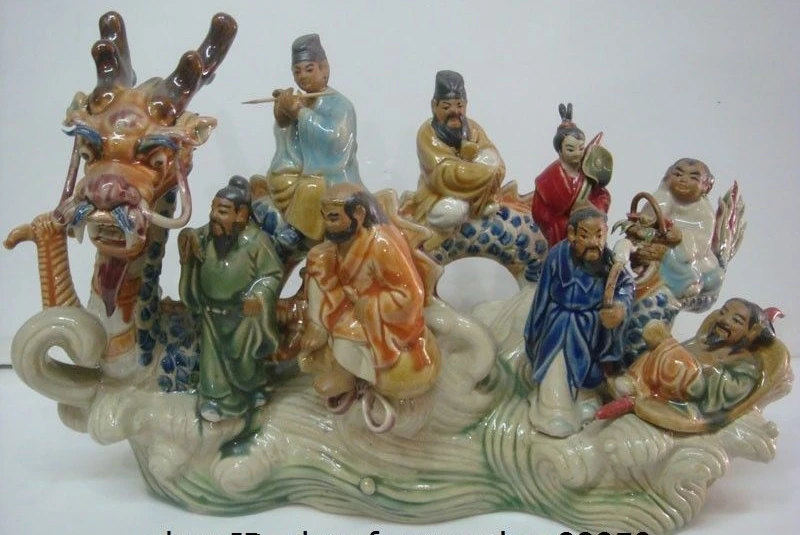 China Wucai Pottery Porcelain Dragon Sea Eight Immortals God Buddha Statue Set | Дом и сад