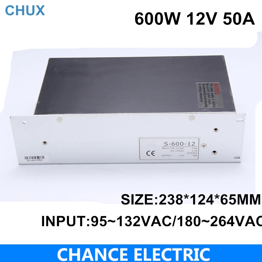 

switching power supply 600w 12V 110 or 220VAC single output input 600W 50A for cnc led light(S-600W-12V) free shipping