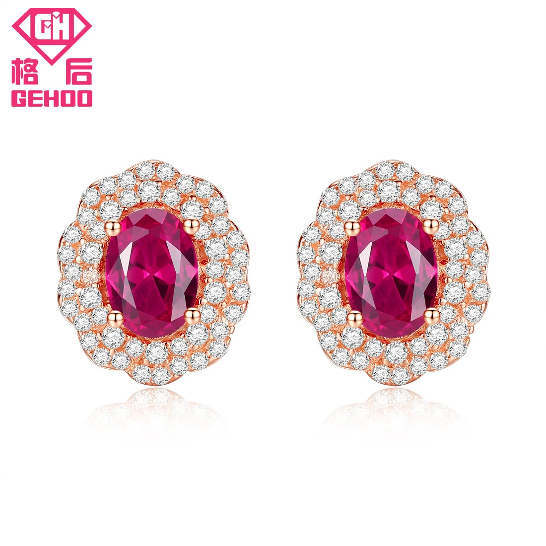 Stud Earrings GEHOO, женский ювелирный набор, красные камни, камень, цветок, подвеска, 925 пробы, серебро, цирконы, ожерелье и серьги-гвоздики и кольцо, свадебный подарок - Цвет камня: Stud Earrings