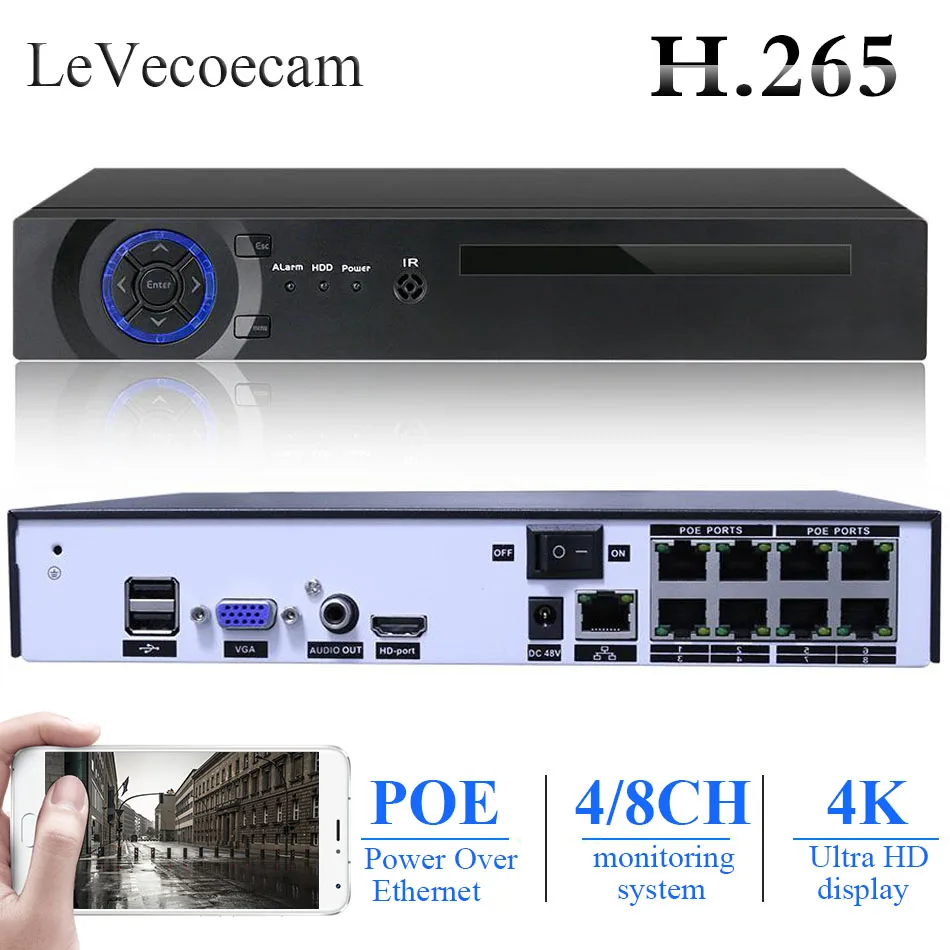 4CH 8 канальный сетевой видеорегистратор Onvif 48V Стандартный PoE NVR H.265/H.264 eal время