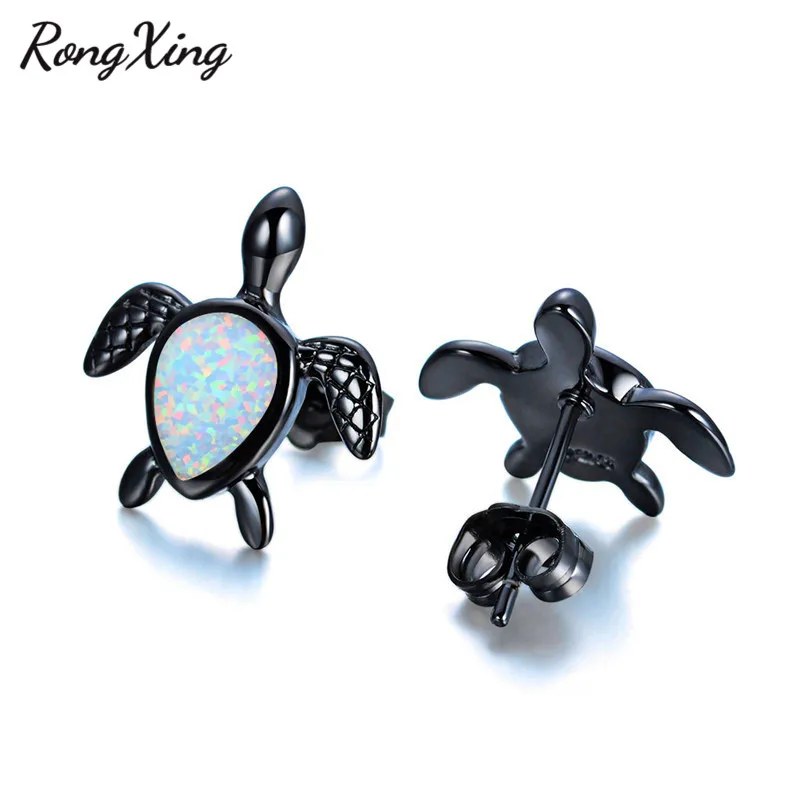 RongXing милые серьги-гвоздики в виде черепахи с белым огненным опалом кольца