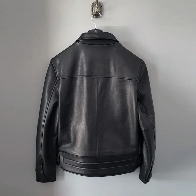 Мужская куртка из натуральной овчины черная теплая байкерская большого размера