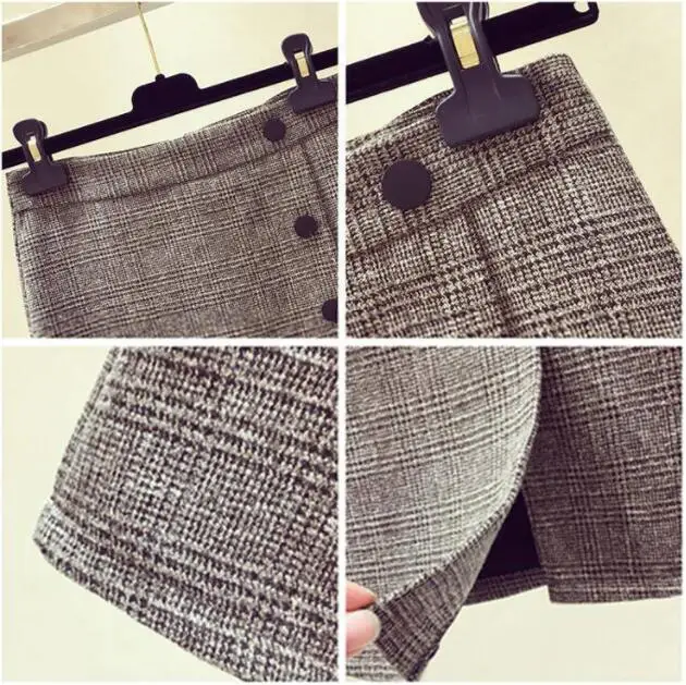 

Autumn Plaid Midi Women's Skirts Winter High Waist Split Skirt Female Ladies Office Single-breasted Knee jupe femme F219