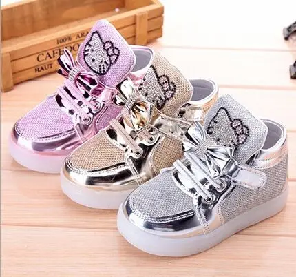 Children Shoes 2018 New Spring Hello Kitty Rhinestone Led Girls Princess Cute With Light EU 21-30 | Детская одежда и обувь
