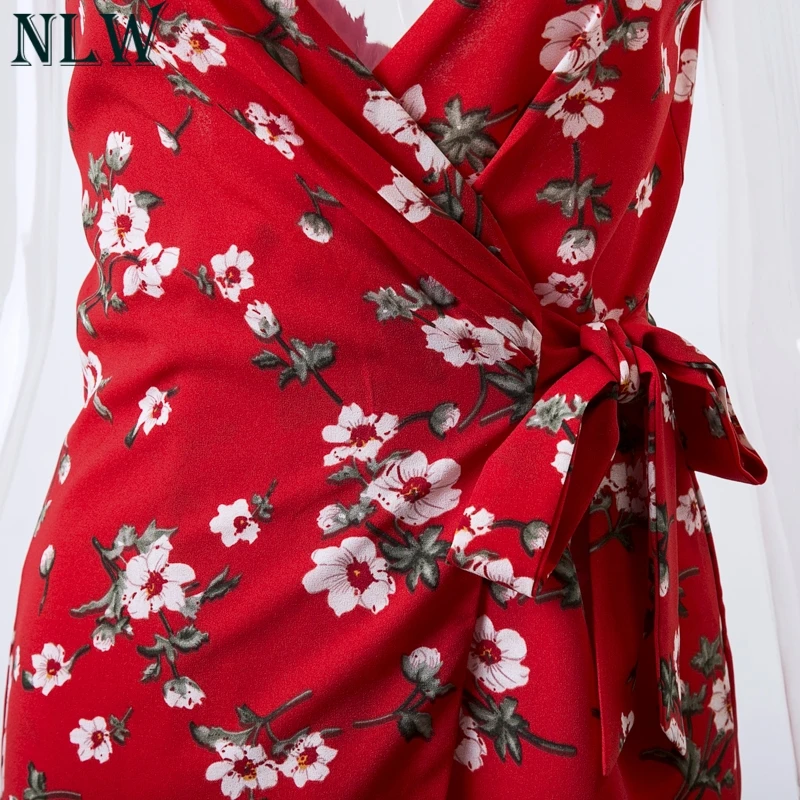 NLW Red Floral Print Romper Summer Wrap Overalls Short Jumpsuit Women Girl Bodysuit Coveralls Beach Backless Party Chic Playsuit | Женская