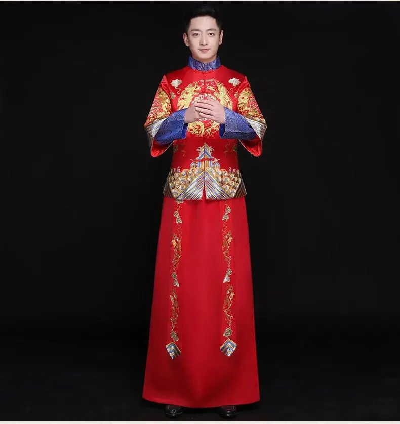Красный китайский костюм для жениха традиционный свадебный длинный халат