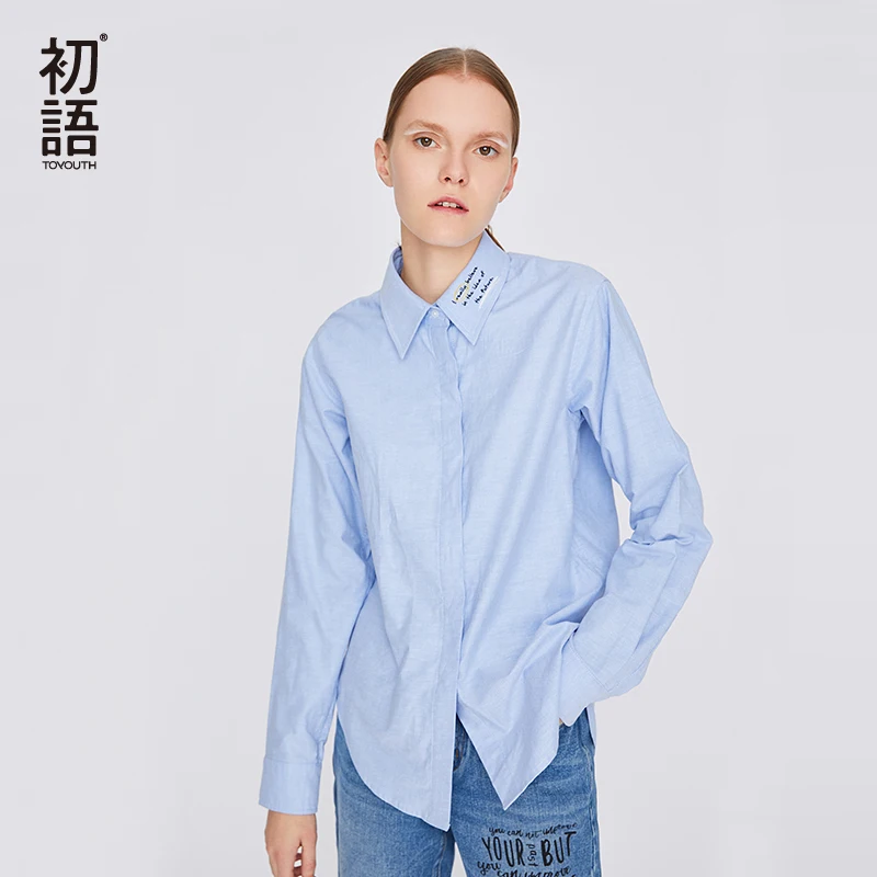 Toyouth New Blue POLO Neck Women Blouse And Shirts Embroidery Harajuku Cotton Camisas Mujer Plus Size Female Blouses Tops| |
