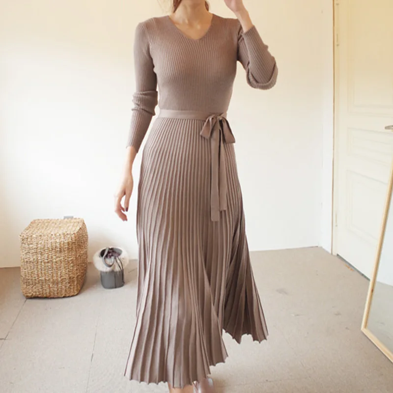 Вязаные платья женские осень и зима 2018 новый длинный рукав тонкий низ свитер выше