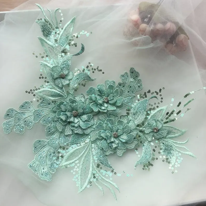 mint green Красные и золотые 3D кружева аппликация со стразами 3d Синий Шелковый цветок мотив кружева аппликация тяжелые бисерные Кружева с аппликацией 10 цветов - Цвет: mint green
