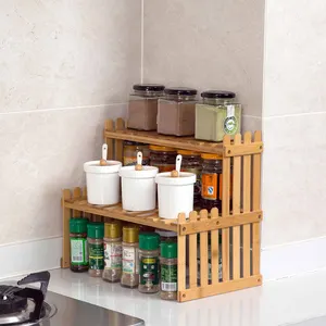 double layers wood storage rack kitchen spice rack book seasoning jar bottle holder bamboo desktop organizer racks shelves free global shipping