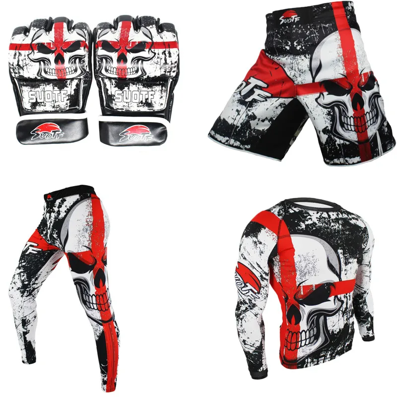 SUOTF MMA Rashguard боксерская Спортивная футболка + брюки плавки перчатки боевая одежда