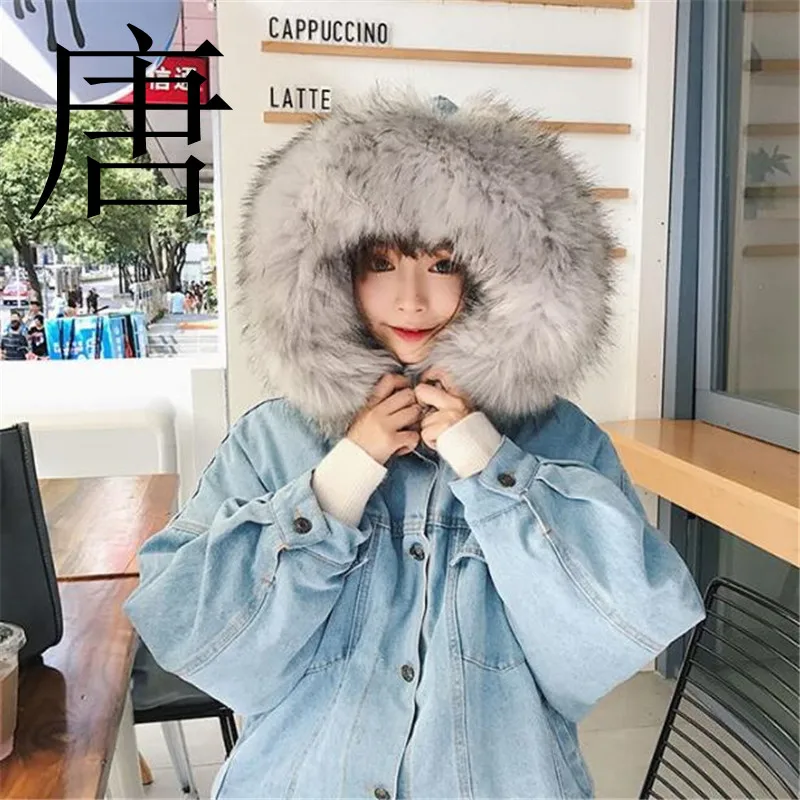 2019 зима новый бренд плотные джинсы куртка искусственный меховой воротник из