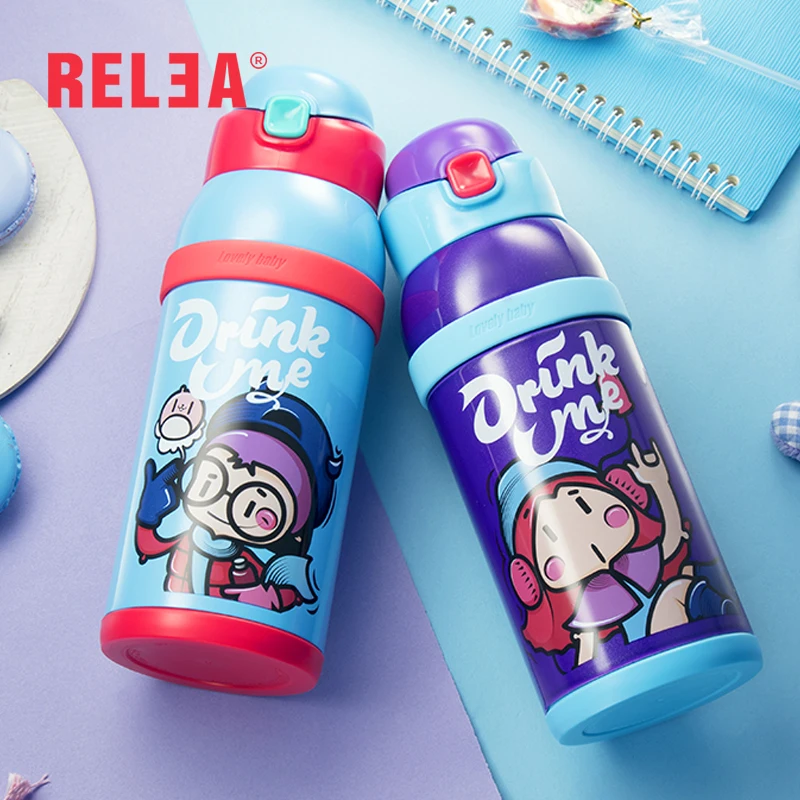 Фото RELEA kids thermo straw bottle 316 stainless steel vacuum cup with 2 kinds of lid and portable cover 520ml Дом и сад RELEA kids thermo straw bottle 316 stainless steel vacuum cup with 2 kinds of lid and portable cover 520ml Дом и сад
