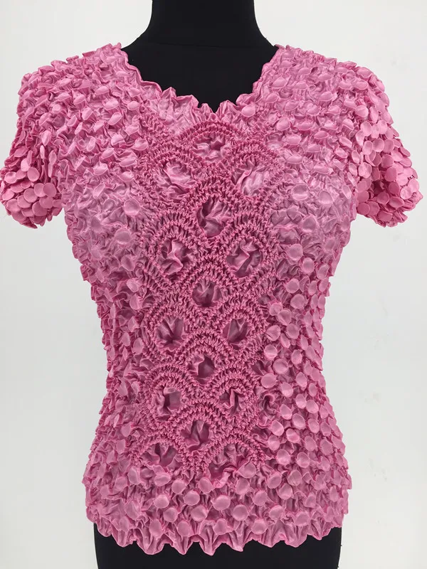Pink Для женщин эластичные попкорна Топы с коротким рукавом рубашка монета рубашки - Цвет: Pink