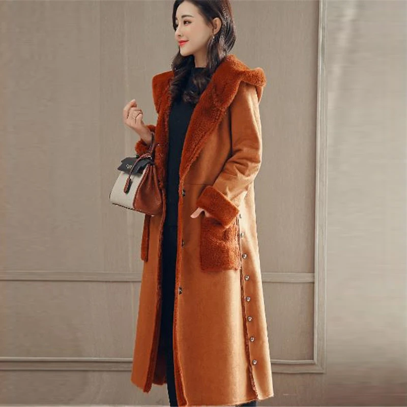 Новая замшевая куртка с капюшоном и оленем женская зимняя Толстая шерстяная