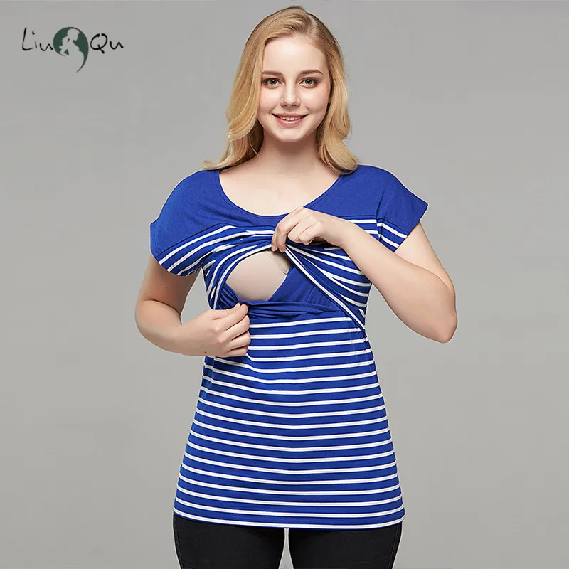 Womens Clothing Breastfeeding Clothes Maternity Blouses Top Short Sleeve Striped Pregnant Nursing Casual Pregnancy T-Shirt
