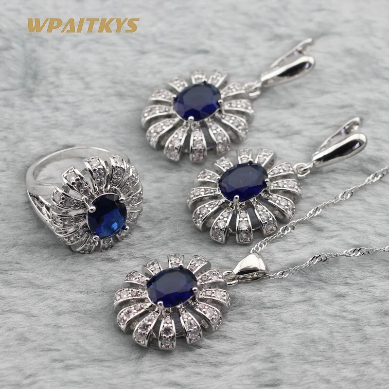 Серебряный Цвет Ювелирные наборы для женщин синий кристалл ожерелье кулон