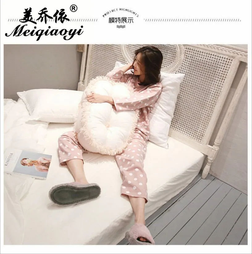 2018 spring New style Women Round Neck Polka Dot sleepwear long sleeve trousers pajamas sets Lovely home clothe Leisure wear | Женская