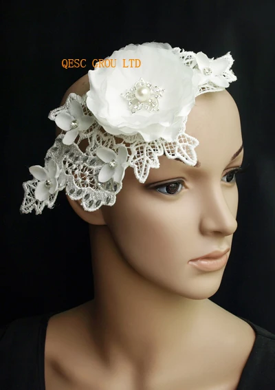 Вуалетка цвета слоновой кости с бусинами и жемчугом шелковая Цветочная