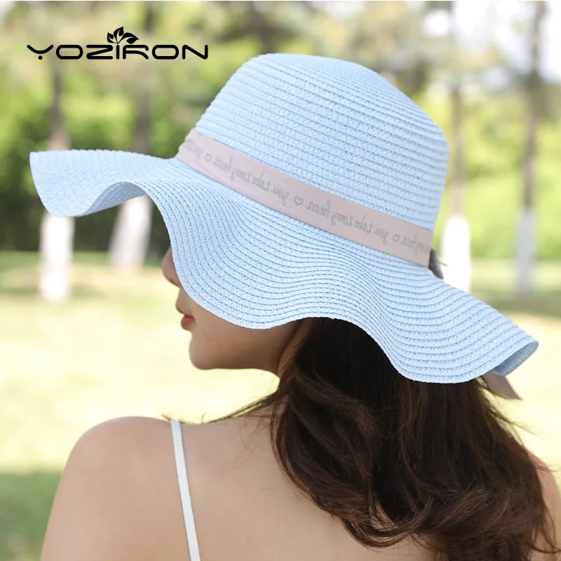 Letter Ribbon Bow Big Wave Women Summer Straw Hat Sun Visor Hats Casual Adult Sky Blue Ladies Caps Beach Cap | Аксессуары для