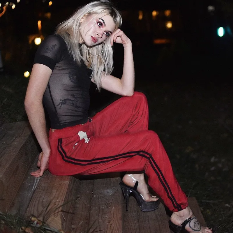 Брюки султанки женские в полоску сбоку Джоггеры стиле хип хоп с завышенной